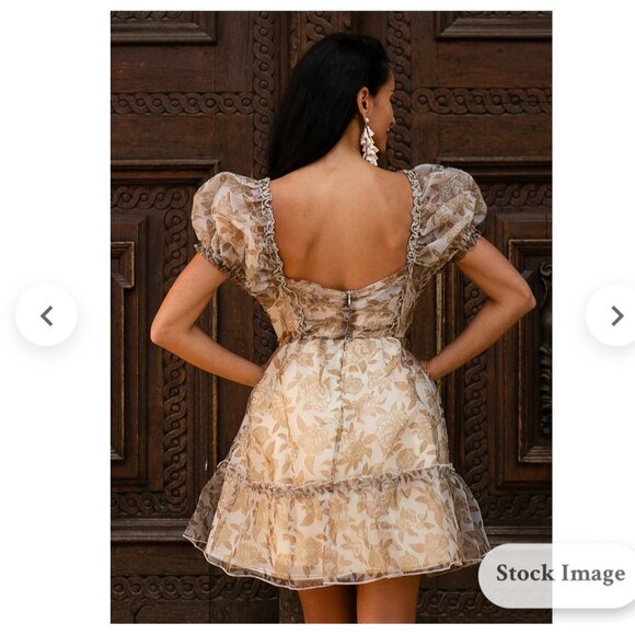 Joyfolie perla dress in neutral Floral Puff Sleeve Mini Beige & Brown Size Large - Picture 3 of 15